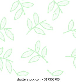 Seamless pattern of floral motif with branches. Stripes, leaves, Hand drawn.