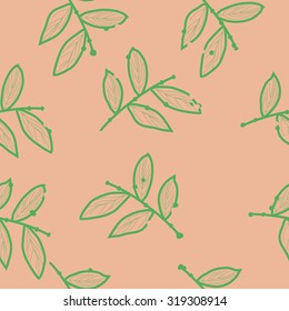 Seamless pattern of floral motif with branches. Stripes, leaves, Hand drawn.