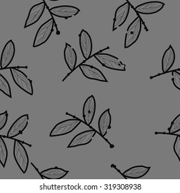 Seamless pattern of floral motif with branches. Stripes, leaves, Hand drawn.