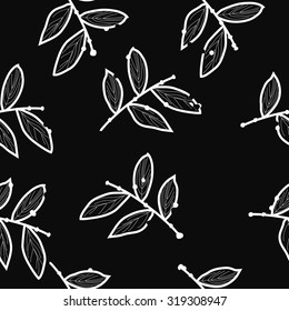 Seamless pattern of floral motif with branches. Stripes, leaves, Hand drawn.