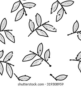 Seamless pattern of floral motif with branches. Stripes, leaves, Hand drawn.