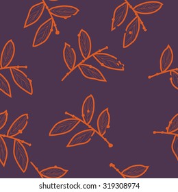 Seamless pattern of floral motif with branches. Stripes, leaves, Hand drawn.