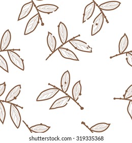 Seamless pattern of floral motif with branches. Stripes, leaves, Hand drawn.