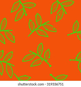 Seamless pattern of floral motif with branches. Stripes, leaves, Hand drawn.