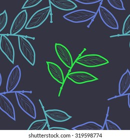 Seamless pattern of floral motif with branches. Stripes, leaves, Hand drawn.