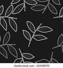 Seamless pattern of floral motif with branches. Stripes, leaves, Hand drawn.