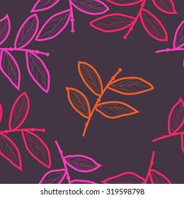 Seamless pattern of floral motif with branches. Stripes, leaves, Hand drawn.