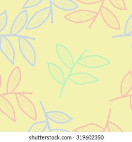 Seamless pattern of floral motif with branches. Stripes, leaves, Hand drawn.