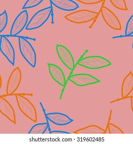 Seamless pattern of floral motif with branches. Stripes, leaves, Hand drawn.