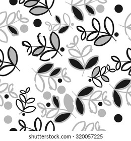 Seamless   pattern of   floral motif,   branches, leaves, ellipses, autumn theme, doodles. Hand drawn.