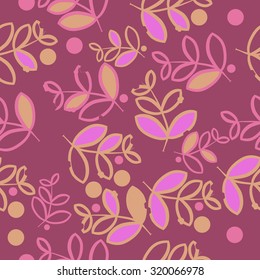 Seamless   pattern of   floral motif,   branches, leaves, ellipses, autumn theme, doodles. Hand drawn.