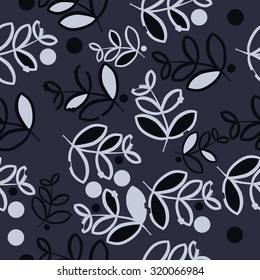 Seamless   pattern of   floral motif,   branches, leaves, ellipses, autumn theme, doodles. Hand drawn.