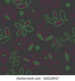 Seamless   pattern of   floral motif,   branches, leaves, ellipses, flowers, doodles. Hand drawn.
