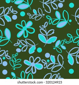 Seamless   pattern of   floral motif,   branches, leaves, ellipses, flowers, doodles. Hand drawn.