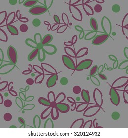 Seamless   pattern of   floral motif,   branches, leaves, ellipses, flowers, doodles. Hand drawn.