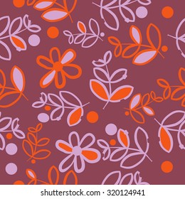 Seamless   pattern of   floral motif,   branches, leaves, ellipses, flowers, doodles. Hand drawn.