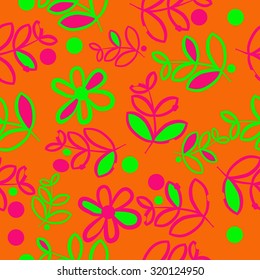 Seamless   pattern of   floral motif,   branches, leaves, ellipses, flowers, doodles. Hand drawn.