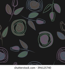 Seamless pattern of floral motif, branches, leaves, rose flowers, spiral, hole, spots. Hand drawn.