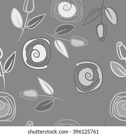 Seamless pattern of floral motif, branches, leaves, rose flowers, spiral, hole, spots. Hand drawn.