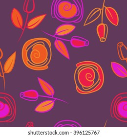Seamless pattern of floral motif, branches, leaves, rose flowers, spiral, hole, spots. Hand drawn.