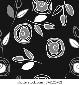 Seamless pattern of floral motif, branches, leaves, rose flowers, spiral, hole, spots. Hand drawn.