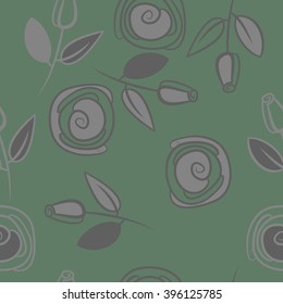 Seamless pattern of floral motif, branches, leaves, rose flowers, spiral, hole, spots. Hand drawn.