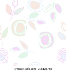 Seamless pattern of floral motif, branches, leaves, rose flowers, spiral, hole, spots. Hand drawn.