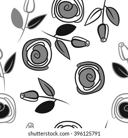 Seamless pattern of floral motif, branches, leaves, rose flowers, spiral, hole, spots. Hand drawn.