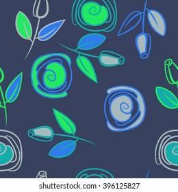 Seamless pattern of floral motif, branches, leaves, rose flowers, spiral, hole, spots. Hand drawn.