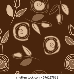 Seamless pattern of floral motif, branches, leaves, rose flowers, spiral, hole, spots. Hand drawn.