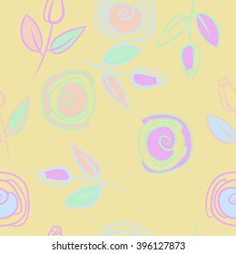 Seamless pattern of floral motif, branches, leaves, rose flowers, spiral, hole, spots. Hand drawn.