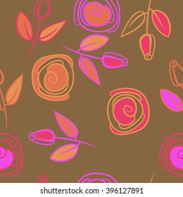 Seamless pattern of floral motif, branches, leaves, rose flowers, spiral, hole, spots. Hand drawn.