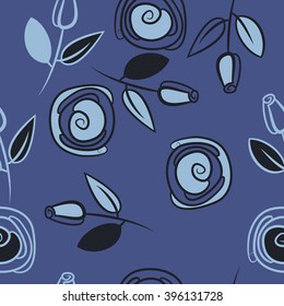 Seamless pattern of floral motif, branches, leaves, rose flowers, spiral, hole, spots. Hand drawn.