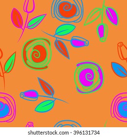 Seamless pattern of floral motif, branches, leaves, rose flowers, spiral, hole, spots. Hand drawn.