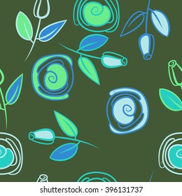 Seamless pattern of floral motif, branches, leaves, rose flowers, spiral, hole, spots. Hand drawn.