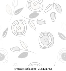 Seamless pattern of floral motif, branches, leaves, rose flowers, spiral, hole, spots. Hand drawn.