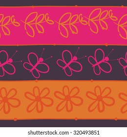Seamless   pattern of  floral motif, butterflies, branches, leaves, flowers. Hand drawn.