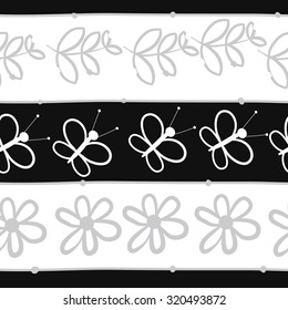 Seamless   pattern of  floral motif, butterflies, branches, leaves, flowers. Hand drawn.