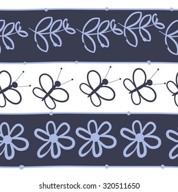 Seamless   pattern of  floral motif, butterflies, branches, leaves, flowers. Hand drawn.