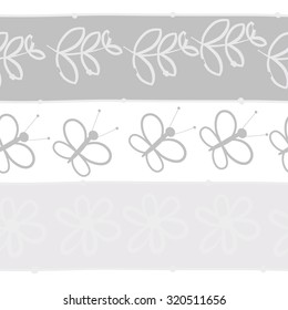 Seamless   pattern of  floral motif, butterflies, branches, leaves, flowers. Hand drawn.