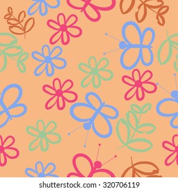 Seamless   pattern of  floral motif, butterflies, flowers, branches, leaves. Hand drawn.