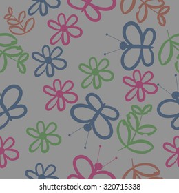 Seamless   pattern of  floral motif, butterflies, flowers, branches, leaves. Hand drawn.