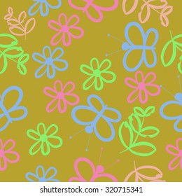 Seamless   pattern of  floral motif, butterflies, flowers, branches, leaves. Hand drawn.