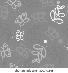 Seamless   pattern of  floral motif, butterflies, branches, leaves. Hand drawn.