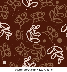 Seamless   pattern of  floral motif, butterflies, branches, leaves. Hand drawn.