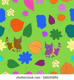 Seamless pattern of floral motif, cats, leaves, spirals. Hand drawn.
