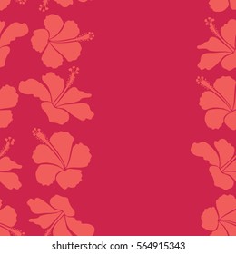Seamless pattern with floral motif. Seamless floral pattern with copy space (place for your text) and pink hibiscus flowers, watercolor. Vertical vector flower illustration. Vector illustration.