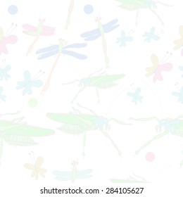 Seamless pattern of floral motif, doodles,  butterflies, insects. Hand drawn.