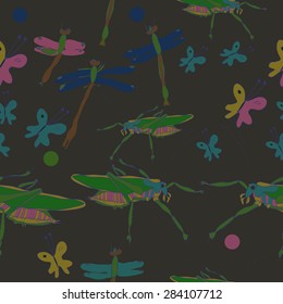 Seamless pattern of floral motif, doodles,  butterflies, insects. Hand drawn.