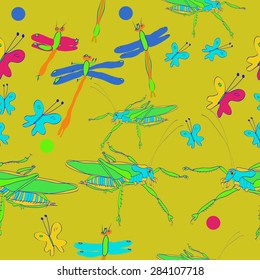 Seamless pattern of floral motif, doodles,  butterflies, insects. Hand drawn.